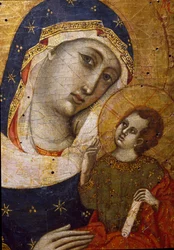 Jomfru med barn Detalje - Maleri på træ af mesteren af diptykon Sterbini (1300-tallet) Dim 33,5x26,7 cm Sæde, Museo del Tesoro della Basilica di San Francesco