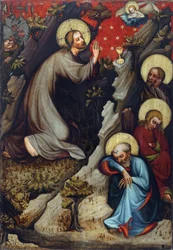 Agonie dans le jardin des Oliviers - Kristus på Oliebjerget - Mester af Wittingau (Mester af Trebon-altertavlen) (aktiv ca 1380-1390). Tempera på panel, ca 1380. Nationalgalleriet, Prag