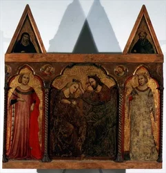Triptykon: Jomfruens kroning flankeret af to helgener