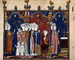 Ordenen for indvielsen og kroningen af Frankrigs konger: Kongens ankomst til katedralen, kongen siddende på sin trone, biskopper, munke og gejstlige. Miniature fra "L