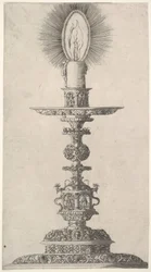 Lysestage med tændt lys fra: Insigne Ac Plane Novum Opus Cratero graphicum, Ein n..., 1551.