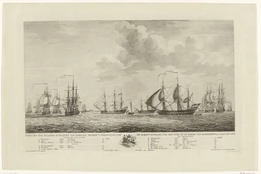 Hollandsk krigsflåde ud for Rammekens, 1782-1783 Udsigt over de nationale krigsskibe under kommando af kontreadmiralen van Kruyne på Rammekens rede i den Jaare 1782 og 1783 (titel på objekt)