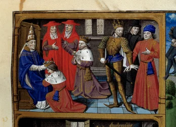 Scener fra Karl den Stores liv (742-814), frankernes konge: kroningen ved pave Leo III. Miniature fra manuskriptet "Speculum historiale" (Historiens spejl) af Vincent af Beauvais (1184/94-1264), illumineret af Mester François (15)