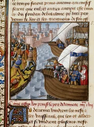 Syvende korstog: Kong Saint Louis (1214-1270) og overgangene, der belejrede Damietta i juni 1249 i Nedre Egypten. Miniature taget fra manuskriptet "Speculum historiale"" (Le Mirror historial) af Vincent de Beauvais (1184/94-1264) oplyst af Mesteren