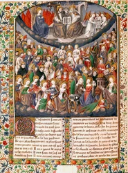 Den himmelske domstol eller hersker evig lykke Miniature taget fra "" De civitate dei"" (Guds by) af Saint Augustine of Hippo (354-430) af Master Francois (15. århundrede) 1470 Chantilly, museum conde