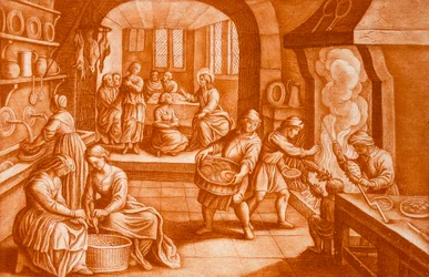 Historien om Maria og Martha, illustration fra Bibelen, indgraveret af J.C. Bodenehr (sepia-gravering)