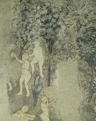 Detalje af mænd, der bader fra det dekorative skema i pavenes sal, fresko fra 1437