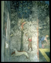 Jagthunde og mænd, der klatrer i et træ, detalje af det dekorative skema fra La Chambre du Cerf Stag Room 1347 fresco