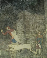 Mænd på jagt med hunde, detaljer af dekorativt skema fra La Chambre du Cerf Stag Room 1347 fresco