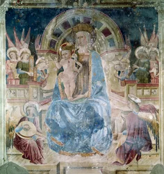 Jomfru og barn omgivet af hellige og engle Fresco af Matteo da Gualdo (ca. 1435-1507) Basilica of Saint Francois (San Francesco), Upper Church, Assisi