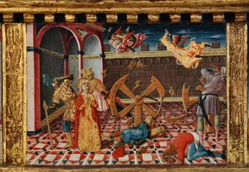 Madonna og barn med helgenerne Jakob, Augustin, Bernhardiner og Margrethe, første årtier af det 14. århundrede (tempera på panel)