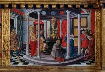 Madonna og barn med helgenerne Jakob, Augustin, Bernhardiner og Margrethe, første årtier af det 14. århundrede (tempera på panel)