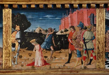 Madonna og barn med helgenerne Jakob, Augustin, Bernhardiner og Margrethe, første årtier af det 14. århundrede (tempera på panel)