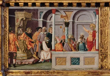 Madonna og barn med helgenerne Jakob, Augustin, Bernhardiner og Margrethe, første årtier af det 14. århundrede (tempera på panel)