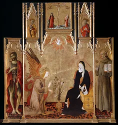 Bebudelse med de hellige Johannes Døberen og Bernardino da Siena. Korsfæstelsen. De hellige Peter og Paul, mellem 1455 og 1464