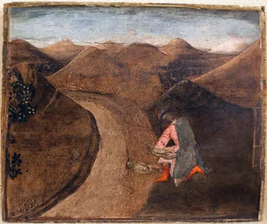 Legenden om Romulus og Remus: Amulius lægger tvillingerne på Tiberen. Maleri af Matteo di Giovanni (1430-1495), trykt på træ, 28,5 x 34 cm. Italiensk kunst 1400-tallet. Libourne Museum of Fine Arts.