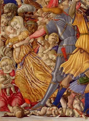 The Massacre of the Innocents, detalje af en soldat, der forbereder sig på at stikke et barn og omgivende blodbad, 1482 tempera på paneldetalje af 106233