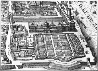 Paris: Tuileriernes palads og have i 1615, faksimile af Mathieu Merians plan.
