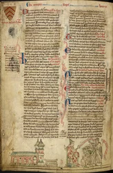Royal 14C VII, f.138v Westminster Abbey and the Shrine of St. Edward; til højre, pave Innocentius IV ved koncilet i Lyon, illustration fra 