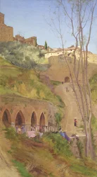 Vaskekvinde ved vaskebrønden, San Gimignano, Italien