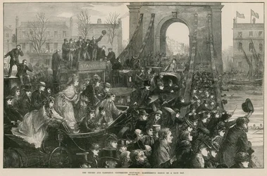 Oxford og Cambridge Boat Race: Hammersmith Bridge på løbsdagen (gravering)