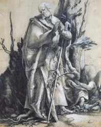 Johannes i skoven, ca 1515, af Matthias Grunewald (1470-1528), sort kridt på papir, 37x29 cm. Tyskland