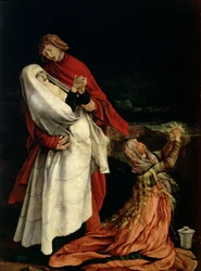 Jomfruen og Maria Magdalena ved foden af korset, detalje fra Isenheim-altertavlen, ca. 1510-15 (detalje af 3706)