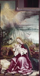 Allegori af Nativiten. Issenheim altertavle (eller Isenheim) - Maleri af Matthias Grunewald (ca. 1475-1528), olie på træ