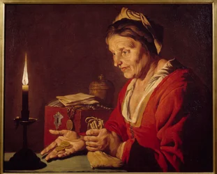 Girighed - En gammel kvinde ser på sine guldmønter, som hun lige er kommet ud af sit skjulested, i lyset af et stearinlys - Maleri af Mathias Stomer (Matthias Stom) (1600-1650) Ec Flam