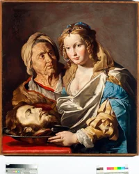 Salome med Johannes Døberens hoved på en sølvplade Maleri af Mathias Stomer (Matthias Stom) (1600-apres 1655) Dim 100x90 cm Genes, Musei di Strada Nuova (ex Palazzo Bianco) Italien