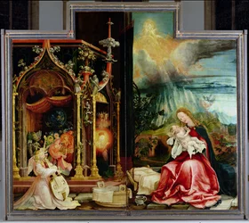 Isenheim-altertavlen. Midterpanel: Englekoncert og Jesu fødsel, 1506-1515