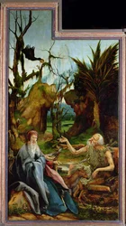 Isenheim-altertavlen. Venstre fløj: Møde mellem Saint Anthony og Saint Paul the Anchorite i Des