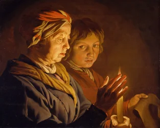 Gammel kvinde og en dreng ved levende lys, 1630-1650.