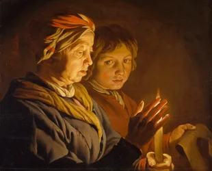 Gammel kvinde og en dreng ved levende lys, 1630-1650