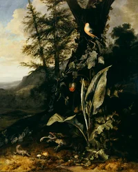 En skovbund med en tudse og en firben, en bullfinch på en gren af efeu ovenover og et bjerg bagved