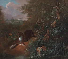 Et skovstilleben med en odder og to fisk, ca. 1650-1700 (olie på lærred)