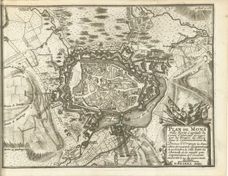 Beleg van Bergen, 1709 Kort over Mons Ville Forte (...) Belejret af Alliez-tropper. under kommando af Prinsen af ​​Orange (...) (titel på objekt)
