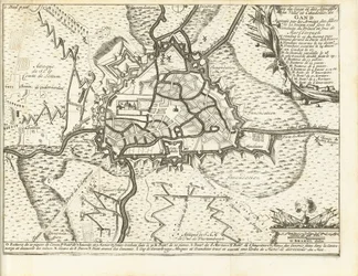Beleg van Gent, 1708 Kort over belejringen og angrebene på byen og citadellet i Gent belejret af de allieredes hære den 22. december 1708 under ledelse af prinsen og hertugen af ​​Marlborough (titel på objektet)