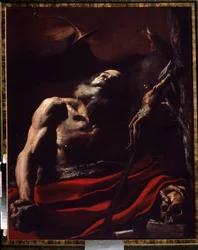 Sankt Jerome. Maleri (Vanita) af Mattia Preti Il Cavaliere Calabrese (1613-1699). Olie på lærred. Italiensk kunst, barokstil. Oranienbaum Palace Museum i Lomonosov, Rusland.