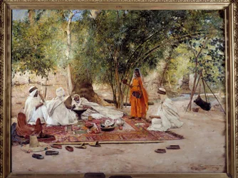 Orientalisme: "" gæstfrihedens måltid""" Scene af arabisk liv i oasen Chelma nær Biskra, Algeriet. Maleri af Maurice Bompard (1857-1936) 1891 Marseille, Musee des Beaux Arts