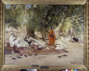 Hospitalite måltid. Scene af arabisk liv i oasen Chelma nær Biskra, Algeriet. Maleri af Maurice Bompard (1857-1936) 1891 (olie på lærred)