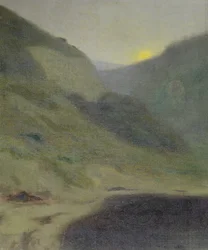 Landskab i skumringen (olie på lærred)