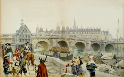 Frankrigs historie: Forvist til slottet Blois af sin søn Louis XIII, Marie de Medicis (1575-1642) og hans suite forlod Paris i 1617. Illustration af Maurice Leloir (1853-1940) i "" Richelieu""