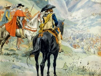Frankrigs historie: Den mantovanske arvefølgekrig (1628-1631) under Trediveårskrigen. Slaget ved Pas de Suze (Susa), der forestiller kong Ludvig XIII (1601-1643) og kardinal Richelieu (Armand Jean du Plessis)