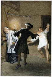 Flugten - i "Historien om Manon Lescaut og Chevalier Des Grieux" af Abbe Prevost (1697-1763), fransk forfatter. Stik efter tegninger af Maurice Leloir (1885).