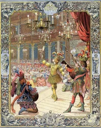 Ludvig XIV, deltager i "Ballet de la Nuit", libretto af Isaac de Benserade (1612-1691), i en solskinsdragt i den store sal i Lille-Bourbon (Petite Bourbon) i Paris, 23. februar