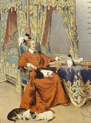 Kardinalen leger med sine katte, han elskede særligt - i "" Richelieu"" af Maurice Leloir, deb. 20. århundrede