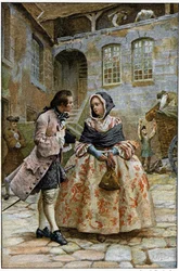 Det første møde - i »Historien om Manon Lescaut og chevalier Des Grieux« af abbé Prévost (1697-1763), fransk forfatter. Stik efter tegninger af Maurice Leloir (1885).