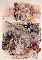 Bryllupsmenu med illustration af Maurice Leloir (1851-1940) af kugler i kostumer og galantescener, 6/04/1900