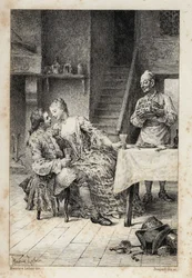 i "Historien om Manon Lescaut og Chevalier Des Grieux" af Abbe Prevost (1697-1763), fransk forfatter. Stik efter tegninger af Maurice Leloir (1885).
